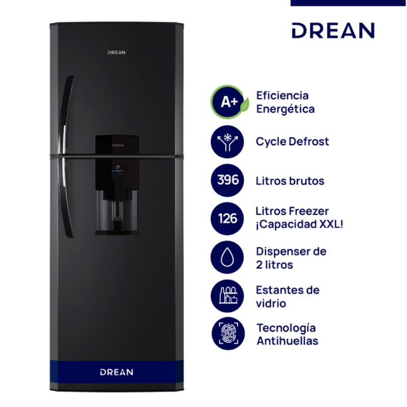 Heladera Ciclica Drean 396 Litros Negra Con Dispenser HDR400F41N